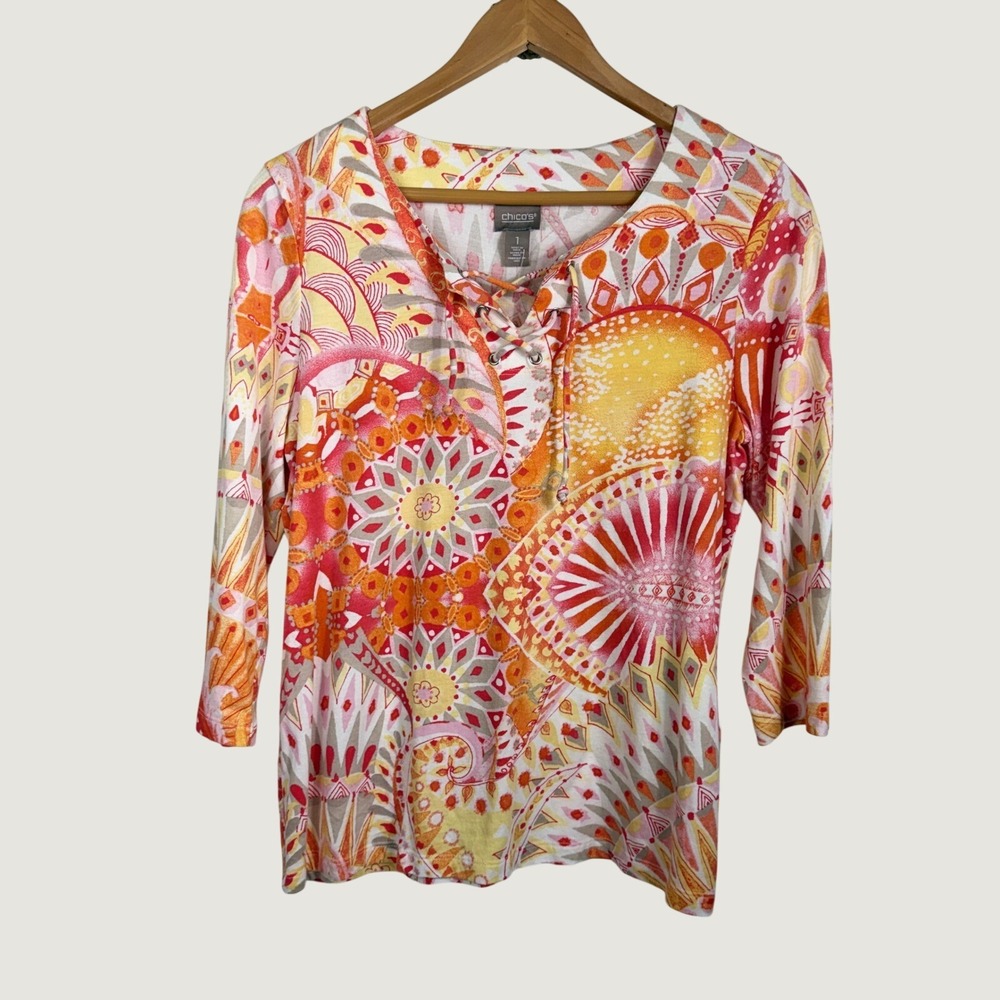Chico's Size 1 Orange Pink Medallion Lace Up Neck 3/4 Sleeve Top‎ Cotton Modal